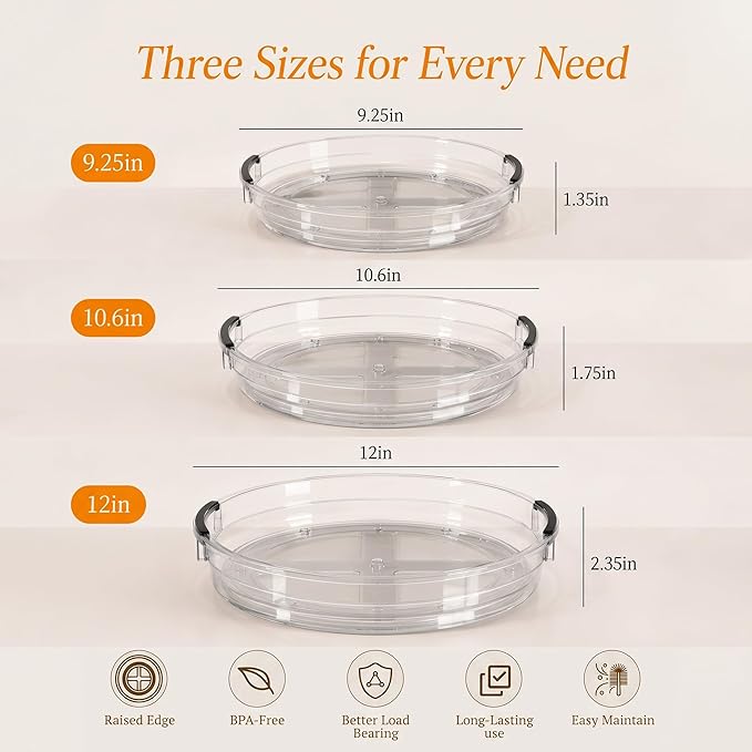 3 Pack Lazy Susan Organizer, Rotating Turntable Spice Rack for Kitchen Storage, Pantry, Cabinet, Fridge & Countertop, Condiment & Seasoning Holder, 9.25", 10.6", 12", Clear