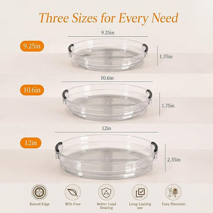 3 Pack Lazy Susan Organizer, Rotating Turntable Spice Rack for Kitchen Storage, Pantry, Cabinet, Fridge & Countertop, Condiment & Seasoning Holder, 9.25", 10.6", 12", Clear