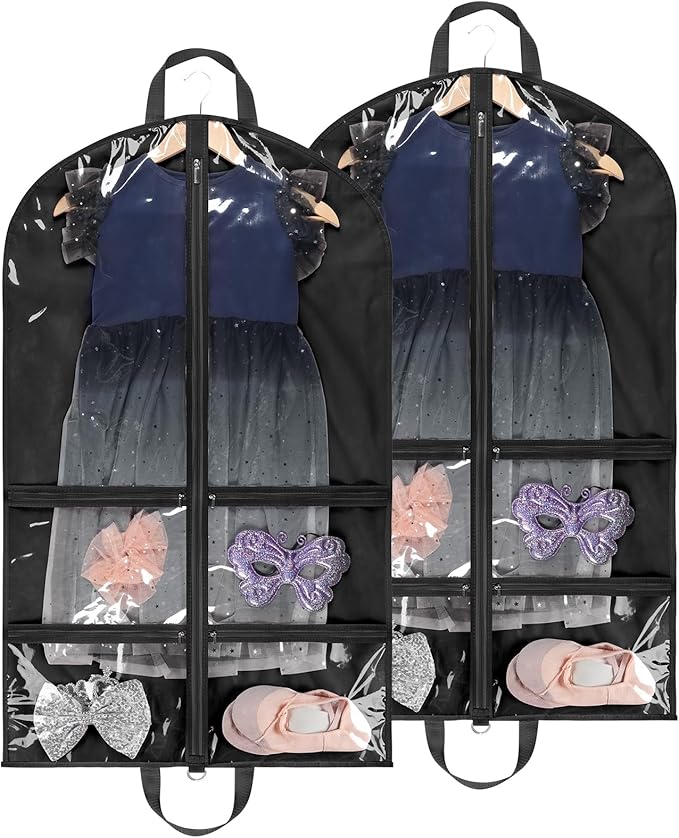 KEEGH Clear Garment Bags for Dance Costumes 40 inch Dance Garment Bags for Dancers Hanging Clothes for Closet Storage, with 4 Zipper Pockets for Dance Competitions, Ballet, Theatre, 2 Pack, Black
