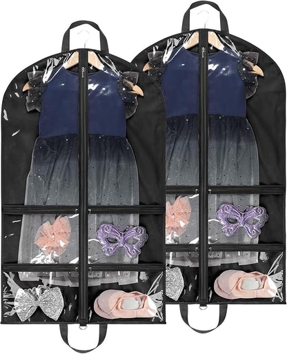 KEEGH Clear Garment Bags for Dance Costumes 40 inch Dance Garment Bags for Dancers Hanging Clothes for Closet Storage, with 4 Zipper Pockets for Dance Competitions, Ballet, Theatre, 2 Pack, Black
