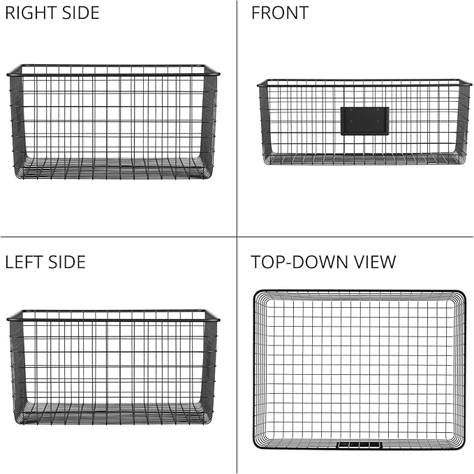 mDesign Wide Steel Wired Storage Organizer Bin Baskets with Label Slot for Kitchen Pantry, Cabinet, Organizing Holder for Food, Drinks, Snacks, Produce, Omaha Collection, 2 Pack, Matte Black