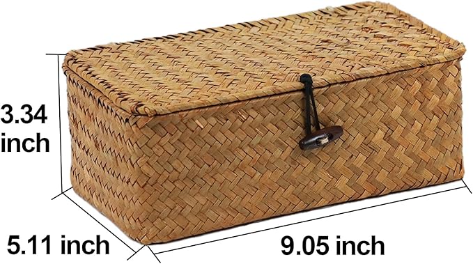 Wicker Storage Basket with Lid, Natural Seagrass Storage Baskets for Organizing, Rectangular Woven Basket for Storage, Decorative Boxes Bins with Lids Home Organizer Decor