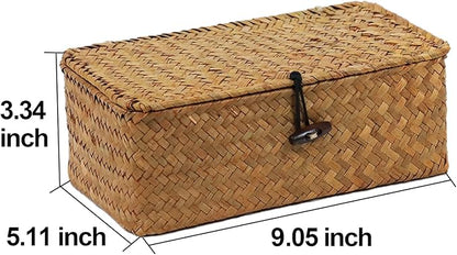 Wicker Storage Basket with Lid, Natural Seagrass Storage Baskets for Organizing, Rectangular Woven Basket for Storage, Decorative Boxes Bins with Lids Home Organizer Decor