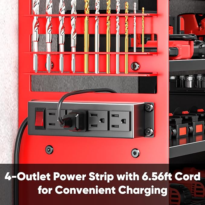 POKIPO Large Power Tool Organizer Wall Mount with Charging Station,4 Layer Heavy Duty Metal Tool Storage Shelf Loads 600lbs,Battery Utility Rack With 4 Outlet Power Strip with 8 Cordless Drill Holder