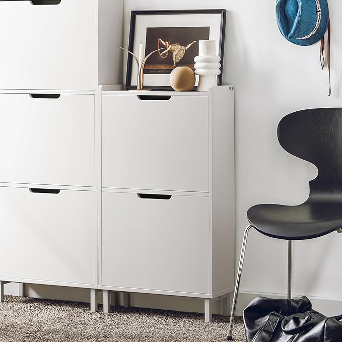 SoBuy Slim Shoe Cabinet Entryway, Narrow Shoe Rack with 2 Flip-Drawers, White Shoe Organiazer Hallway, Hidden Shoe Storage Cupboard Entrance, FSR151-W