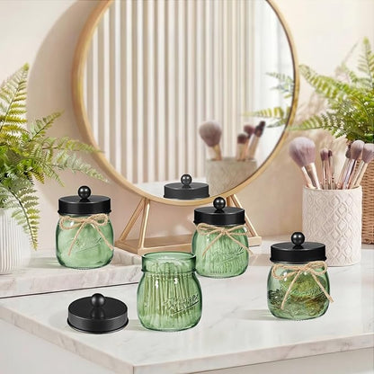 SheeChung Green Glass Qtip Holder Dispenser, Mason Jar Apothecary Jars with Lids, Bathroom Organizers and Storage, Vanity Countertop Canisters Set for Cotton Swab, Ball, Pad, Floss Pick-Black, 1Pc