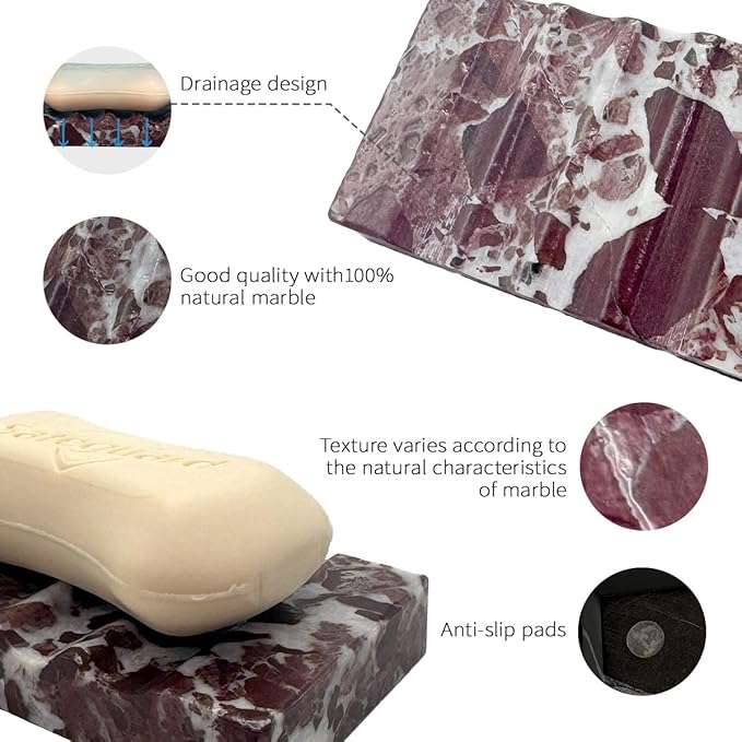 WeDoDecor Marble Soap Dish for Shower - Natural Stone Tray Stand Organizer, Decorative Bar Soap Holder | Non-Slip, Luxury Bath Accessories (Rose)