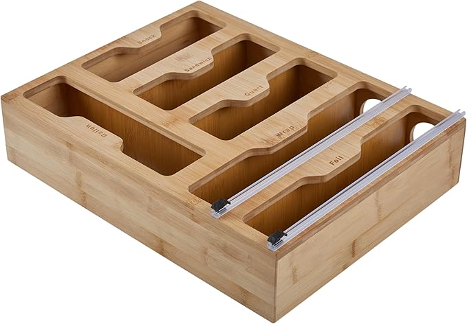 Kitchen Details Drawer Organizer | Multiple Food Storage Bag Compartments | Stores Up to 6 sizes | Kitchen Organization | Built In Slide Cuttlers | Bamboo