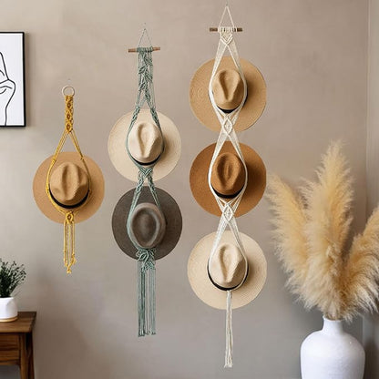 Bohemian Hat Rack Hat Hanger, Macrame Hat Organizer for Wall Hanging, Handmade Hat Holder, Hat Storage for Wide-Brim Hats, Boho Hat Display for Bedroom, Living Room(3 Styles & 3 Colors)