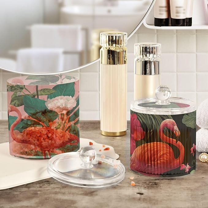 2 Pack Qtip Dispenser Apothecary Jars with Lids Cotton Round Holder Bathroom Canisters for Cotton Swab Floss Ball Pads Clear Plastic Decorative Pink Black Tropical Flamingo and Plants
