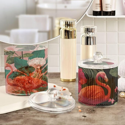 2 Pack Qtip Dispenser Apothecary Jars with Lids Cotton Round Holder Bathroom Canisters for Cotton Swab Floss Ball Pads Clear Plastic Decorative Pink Black Tropical Flamingo and Plants