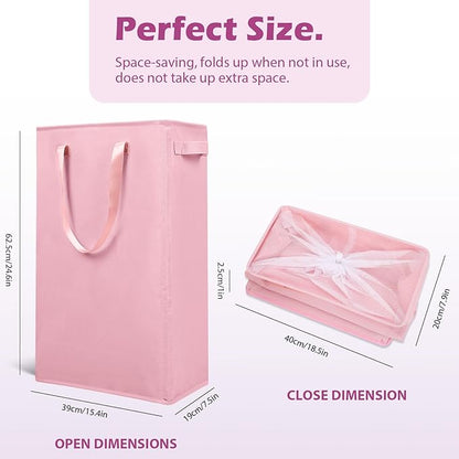Odonata Slim Laundry Hamper Handles Collapsible Laundry Basket Thin Dirty Clothes Basket Narrow Laundry Bag Foldable Dirty Hamper 45L (Pink)