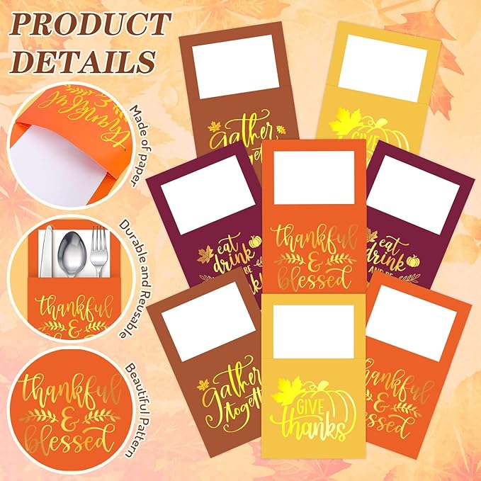 Whaline 100 Pcs Thanksgiving Paper Silverware Bags Foil Gold Give Thanks Cutlery Holders Autumn Harvest Utensil Paper Bag Pocket for Fall Dinner Table Decor