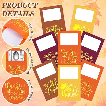 Whaline 100 Pcs Thanksgiving Paper Silverware Bags Foil Gold Give Thanks Cutlery Holders Autumn Harvest Utensil Paper Bag Pocket for Fall Dinner Table Decor