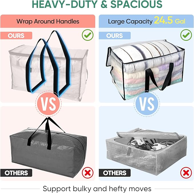 BALEINE 6-Pack Oversized Moving Bags with Reinforced Handles + 40" Translucent Garment Bags (12PK)
