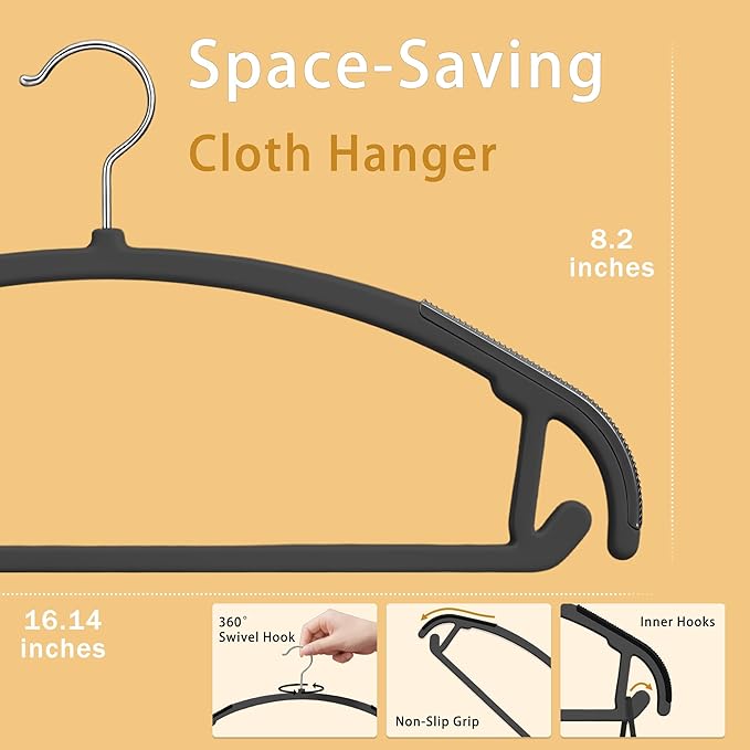 36-Pack Non Slip Plastic Clothes Hangers/w Rubber Pad, Coat Hangers 360° Swivel Hook, Heavy Sturdy Space-Saving Organizers, Hangers for Coats, Pants, Suits, Shirts (Black)