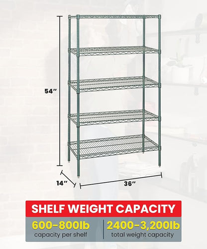 Quantum Storage Systems WR54-1436P-5 Starter Kit Wire Shelves Green Epoxy 5 Shelves 54" H x 36" W x 14" D
