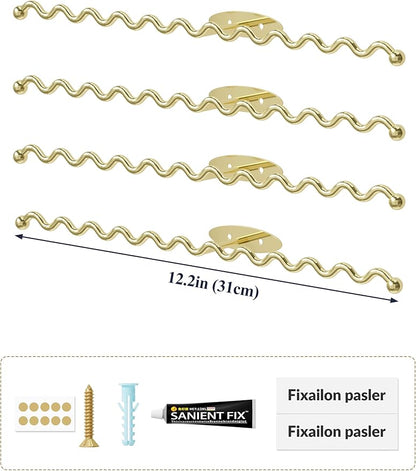 NiHome Wall Mounted Metal Jewelry Organizer Racks for Necklaces, Earrings, Bracelets, Rings, Decorative Display Wave Design Storage Holders for Bedroom, Bathroom, Kitchen, Entryway (4-Pack, Gold)
