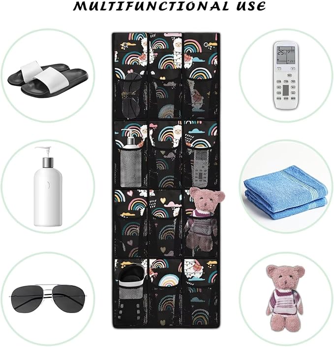 Black Behind Door Organizer 12 Pockets Door Hanging Shoe Organizer for Bedroom Space Saving Rainbow Multi-Funtion Storage Bag Large Capacity Alpaca Wall Hanging Storage