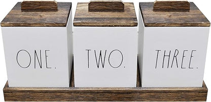 Rae Dunn Bathroom Containers for Organizing - Storage Canister Set of 3 with Lids and Wood Tray - Home Decor, Bathroom Vanity Organizer, Toilet Tank Topper, Makeup and Accessories Holder