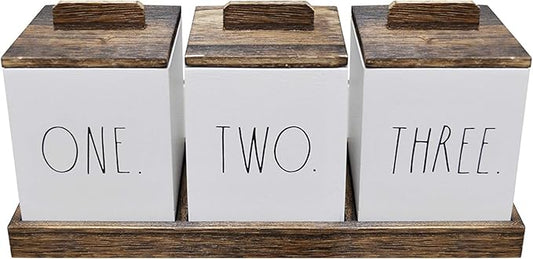 Rae Dunn Bathroom Containers for Organizing - Storage Canister Set of 3 with Lids and Wood Tray - Home Decor, Bathroom Vanity Organizer, Toilet Tank Topper, Makeup and Accessories Holder