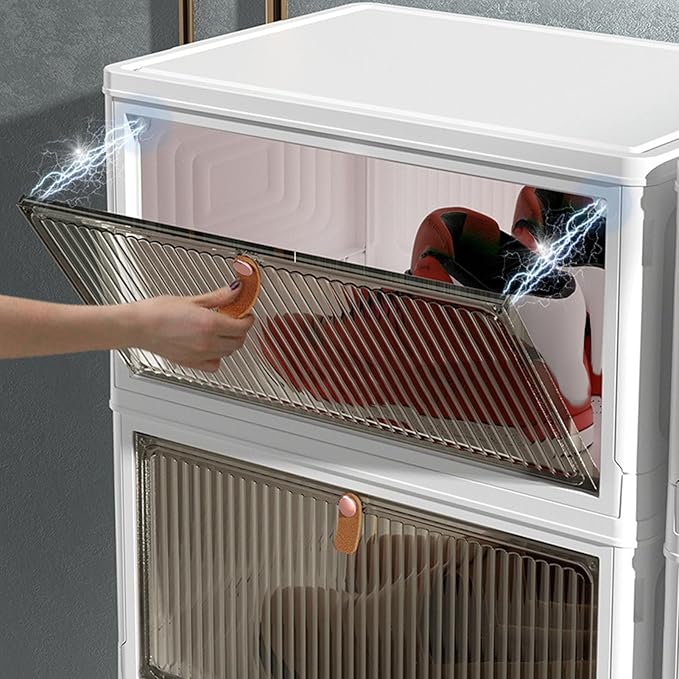 Shoe Storage Box 6 Pack Clear Plastic Stackable Shoe Organizer with Magnetic Door and Wheels for Sneakers Boots Closet Entryway (3 Tier)