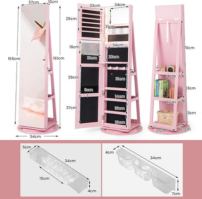 Multigot 3-Color LED Lights Jewellery Cabinet, 3-in-1 360° Swivel Jewelry Armoire with Full-Length Mirror, Lockable Cosmetic Storage Organizer for Dressing Room Living Room Bedroom (Pink)