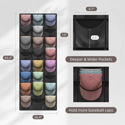 Hat Organizer Racks for Baseball Caps, 24 Deeper Pockets Baseball Hat Rack, Cap Rack, Hat Rack for Door with 3 Hooks