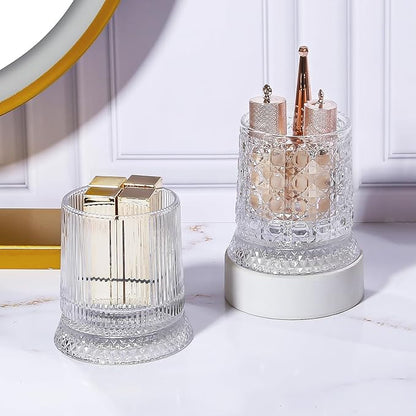 DASITON Makeup Brush Holder Organizer, Crystal Cosmetic Brushes Storage Holder Glass Makeup Organizer, 360° Rotating Make Up Brush Cup for Vanity, Dresser, Bathroom, Pen Pencil Holder for Desk (Clear)