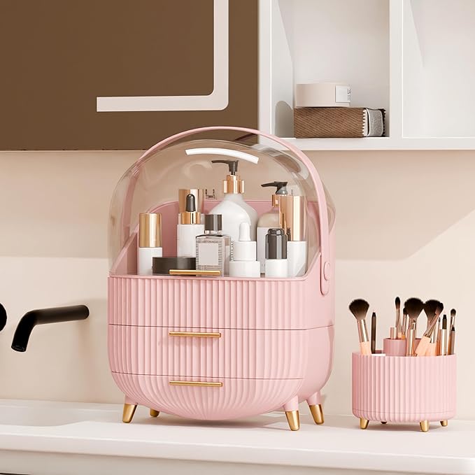 lurcns Makeup Organizers and Storage Make up Organizer for Vanity Cosmetics Skincare With Lid and Drawers Display Cases for Countertop Bathroom Women Teenager Girl Gifts(Pink+Brush Holder)