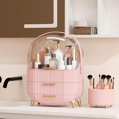 lurcns Makeup Organizers and Storage Make up Organizer for Vanity Cosmetics Skincare With Lid and Drawers Display Cases for Countertop Bathroom Women Teenager Girl Gifts(Pink+Brush Holder)