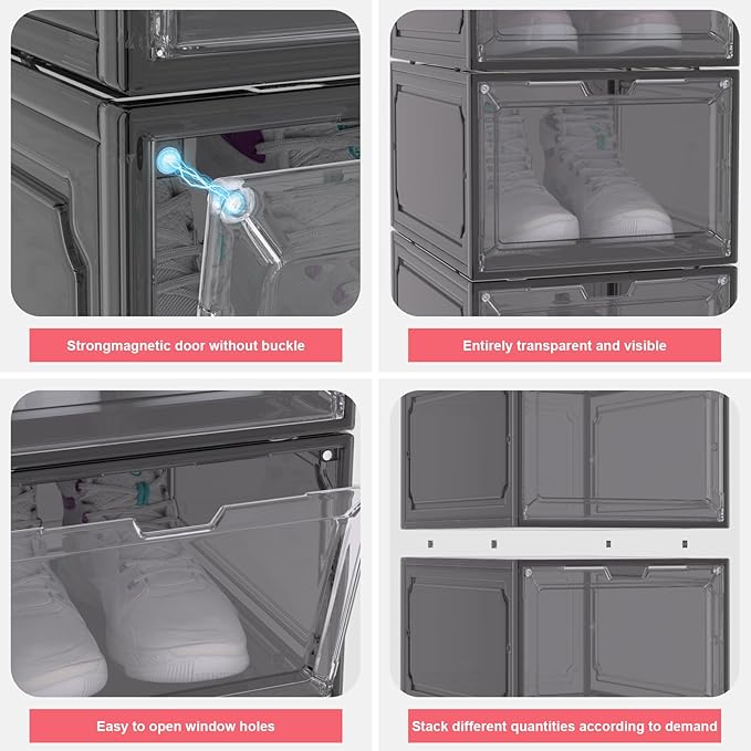 Shoe Box,Set of 6,Stackable Plastic Clear Shoe Box Organizer with Magnetic Door,Shoe Storage Box Thicken Sturdy,Easy Assembly,Fit up to US Size(Front opening door, Black)