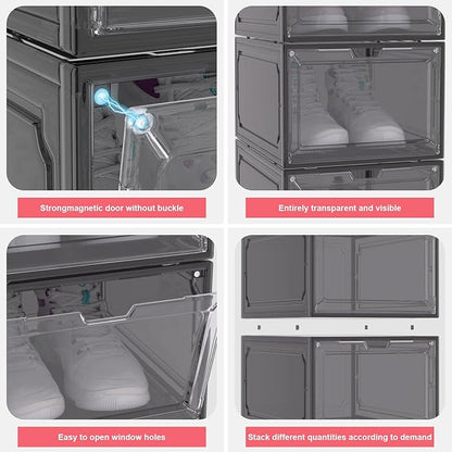 Shoe Box,Set of 6,Stackable Plastic Clear Shoe Box Organizer with Magnetic Door,Shoe Storage Box Thicken Sturdy,Easy Assembly,Fit up to US Size(Front opening door, Black)