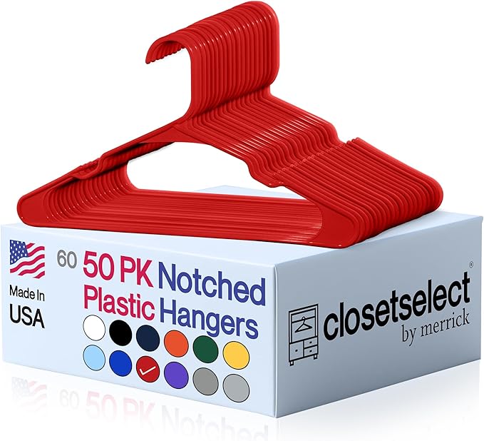 Closetselect Plastic Hangers 50 Pack - Space Saving Clothes Hangers, Made in USA, Durable & Strong Plastic Shirt & Coat Hanger with Notches & Shoulder Grooves, Non-Slip Clothing Hangers | Red Engine