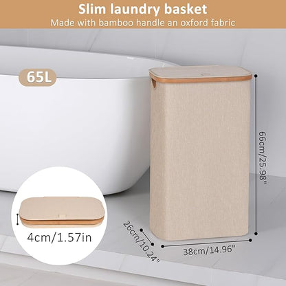 iEGrow 65L Slim Laundry Hamper, Narrow Laundry Basket with Lid,Foldable Clothes Hamper with Bamboo Handles,Hamper Basket with Removable Inner Bag for Laundry Room Bedroom College Dorm,Oatmeal