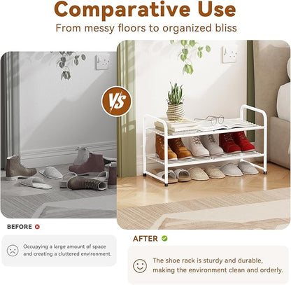 Simple Shoe Rack, 2 Tier Heavy Duty Metal Shoe Shelf 27 Inch Wide, White