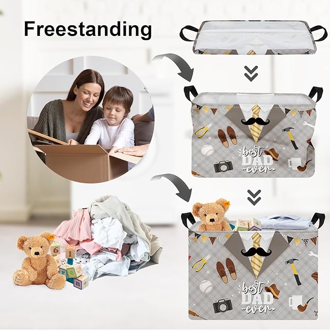 Clastyle Father’s Day Laundry Hamper Storage Basket Dad Gift Box Collapsible Large Clothes Organizer Bin for Bedroom, Grey, 40*30*30 cm