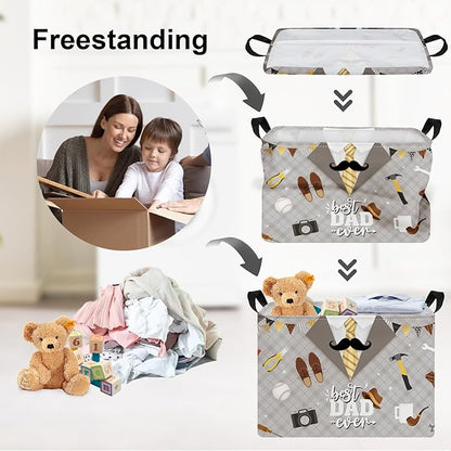 Clastyle Father’s Day Laundry Hamper Storage Basket Dad Gift Box Collapsible Large Clothes Organizer Bin for Bedroom, Grey, 40*30*30 cm