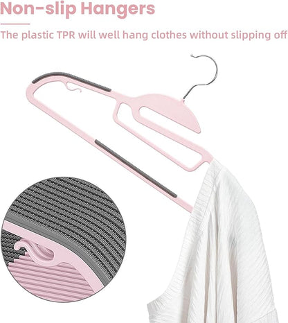 Heavy Duty Plastic Hangers 50 Pack with Non-Slip Design,0.2 Inches Thick,360°Swivel Hook Space Saving Organizer for Bedroom Closet,Shirts,Pants,Strong Enough for Coat(Pink- S Shaped)