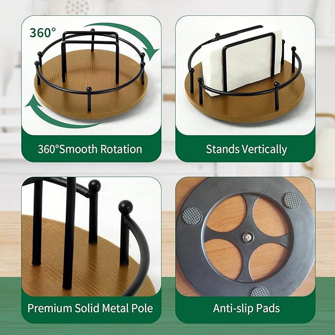 Napkin Holder for Table,360° Rotating Lazy Susan Turntable Organizer for Cabinet,9 inches Kitchen Table Decor&Counter Tray Can Hold Salt and Pepper Shakers (Walnut Brown)