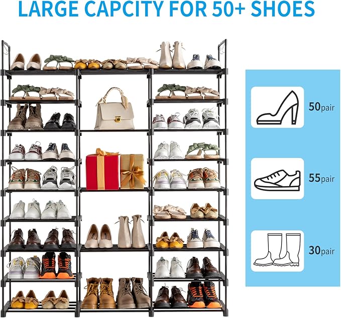 9 Tiers Shoe Rack, Metal Shoe Storage Organizer with Non-Woven Fabric, Large Shoe Rack Shoe Stand Holds 50-55 Pairs Boots Sturdy Tall Shoe Shelf for Entryway, Closet, Garage, Bedroom, Cloakroom，Black