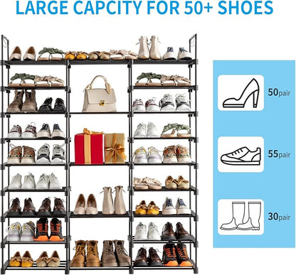 9 Tiers Shoe Rack, Metal Shoe Storage Organizer with Non-Woven Fabric, Large Shoe Rack Shoe Stand Holds 50-55 Pairs Boots Sturdy Tall Shoe Shelf for Entryway, Closet, Garage, Bedroom, Cloakroom，Black