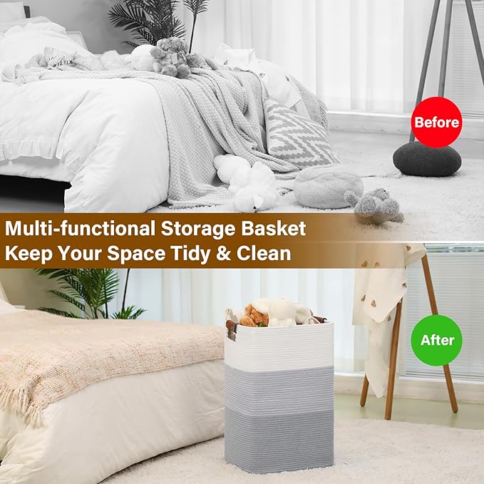 Laundry Hamper 96L Extra Large Laundry Basket, Woven Blanket Basket, Cotton Woven Storage Hamper with Handles for Living Room, Large Baskets for Pillows, Blankets, Clothes-Gradient Grey