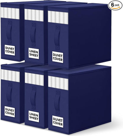 WOWBOX Sheet Organizers and Storage,Closet Bed Sheet Organizer Under Bed Storage and Organization with Label Cards & Clear Window for Bedding Sheets,Duvet Covers,Blankets (6 Pack，Blue)