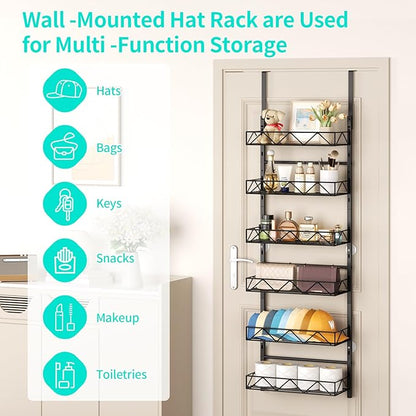 HapiRm Over the Door Hat Organizer - 6 Tier Wall Mounted Hat Rack with 6 Adjustable Metal Basket, Baseball Caps Organizer Storage Holds up to 60 Caps for Door, Bedroom, Closet (Black)