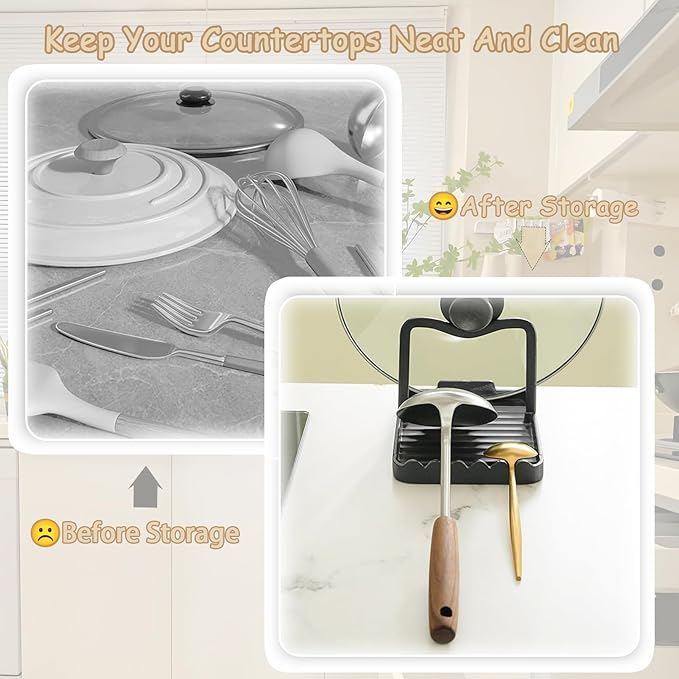 Spoon Rest with Lid Holder, Stainless Steel Lid Holder While Cooking & Organizer with Detachable Drain Tray, Anti-Rust Countertop Space Saver for Spoons, Spatulas (Black)