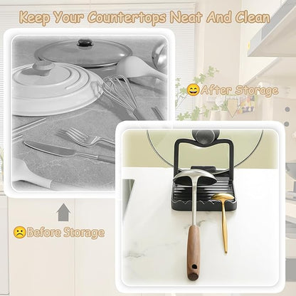 Spoon Rest with Lid Holder, Stainless Steel Lid Holder While Cooking & Organizer with Detachable Drain Tray, Anti-Rust Countertop Space Saver for Spoons, Spatulas (Black)
