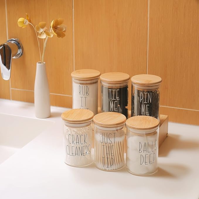 MOMEEMO Apothecary Jars with Lids for Bathroom Storage Organizer, Hair Tie Organizer & Bobby Pin Holder are Great for Bamboo Bathroom Accessories. (Hair Ties & Pins)