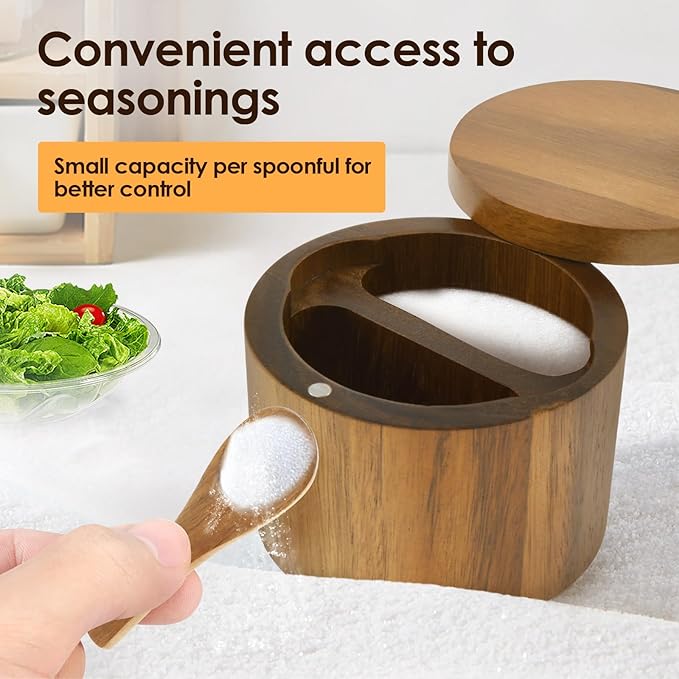 Acacia Wood Salt Cellar, Salt Container with Built in Spoon and Magnetic Swivel Lid, Salt Shakers for Kitchen, Small Wooden Box for Keeping Gourmet Salts, Herbs or Favorite Seasonings (Style 2)