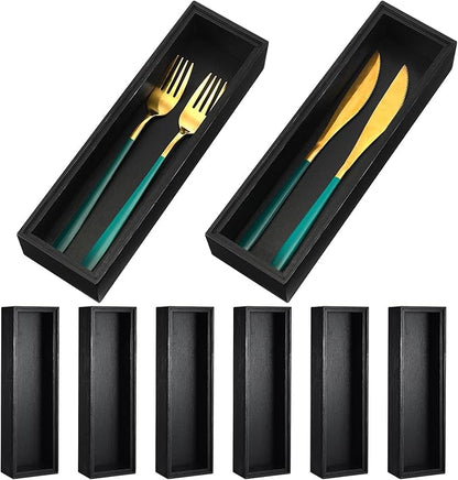 Uiifan 6 Pcs 10 x 3 x 2'' Bamboo Drawer Organizer Black Stackable Utensil Silverware Holder Wooden Tray Drawer Dividers Boxes Spoon Storage Organizer for Kitchen Office Bathroom Cabinet Jewelry